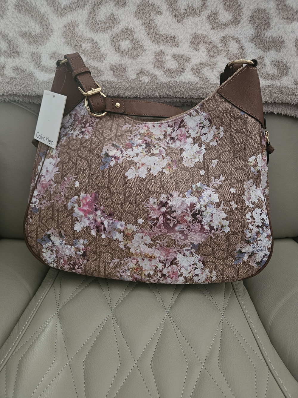 Calvin Klein Brown Floral Logo Shoulder Hobo